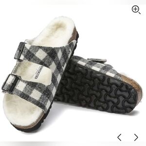 Birkenstock Mens Black White Wool Shearling Gingham Plaid Arizona Size 42 Wide